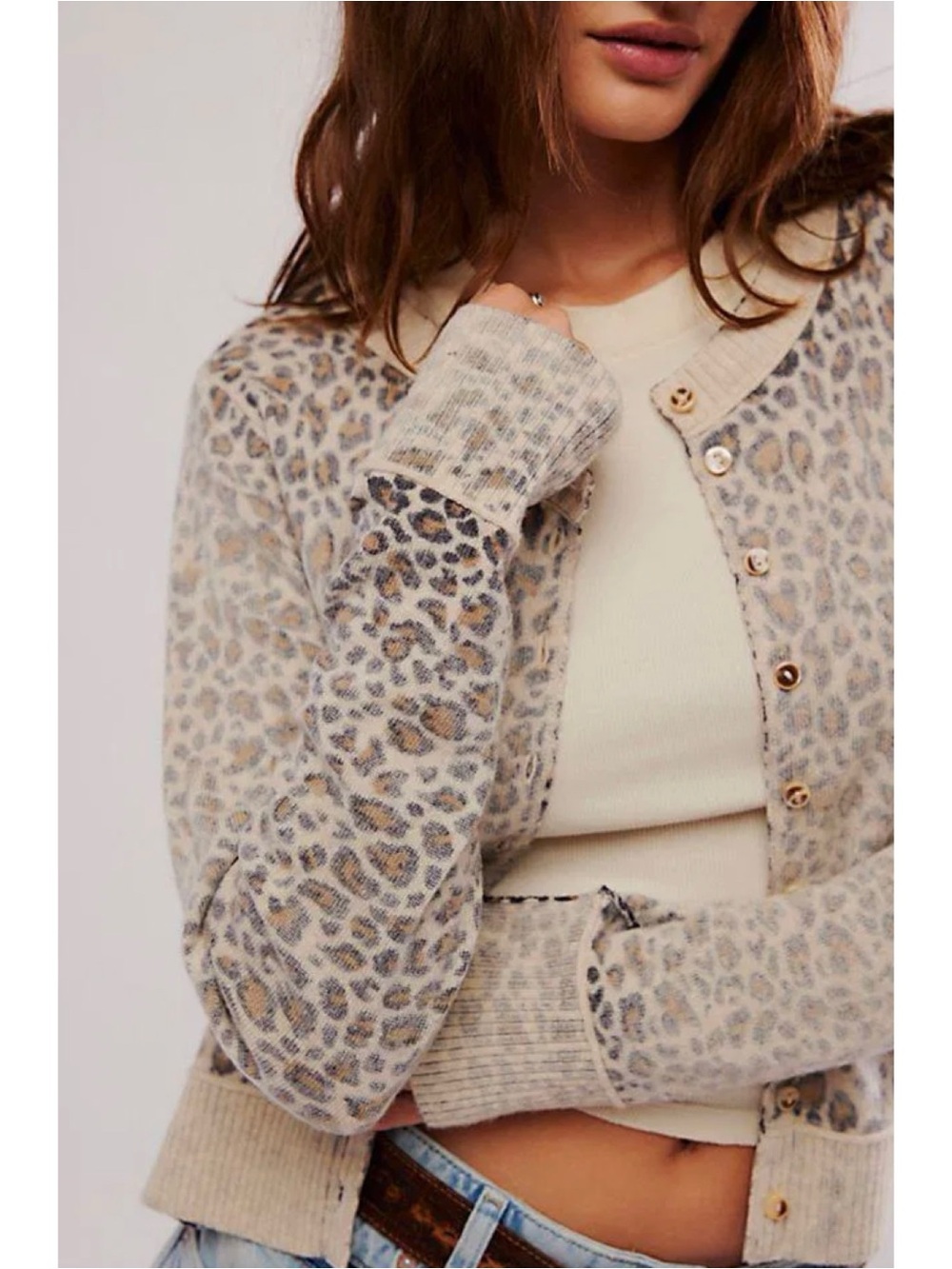 Free People Leopard Print Button Cardigan Size S Cashmere Wool Cropped